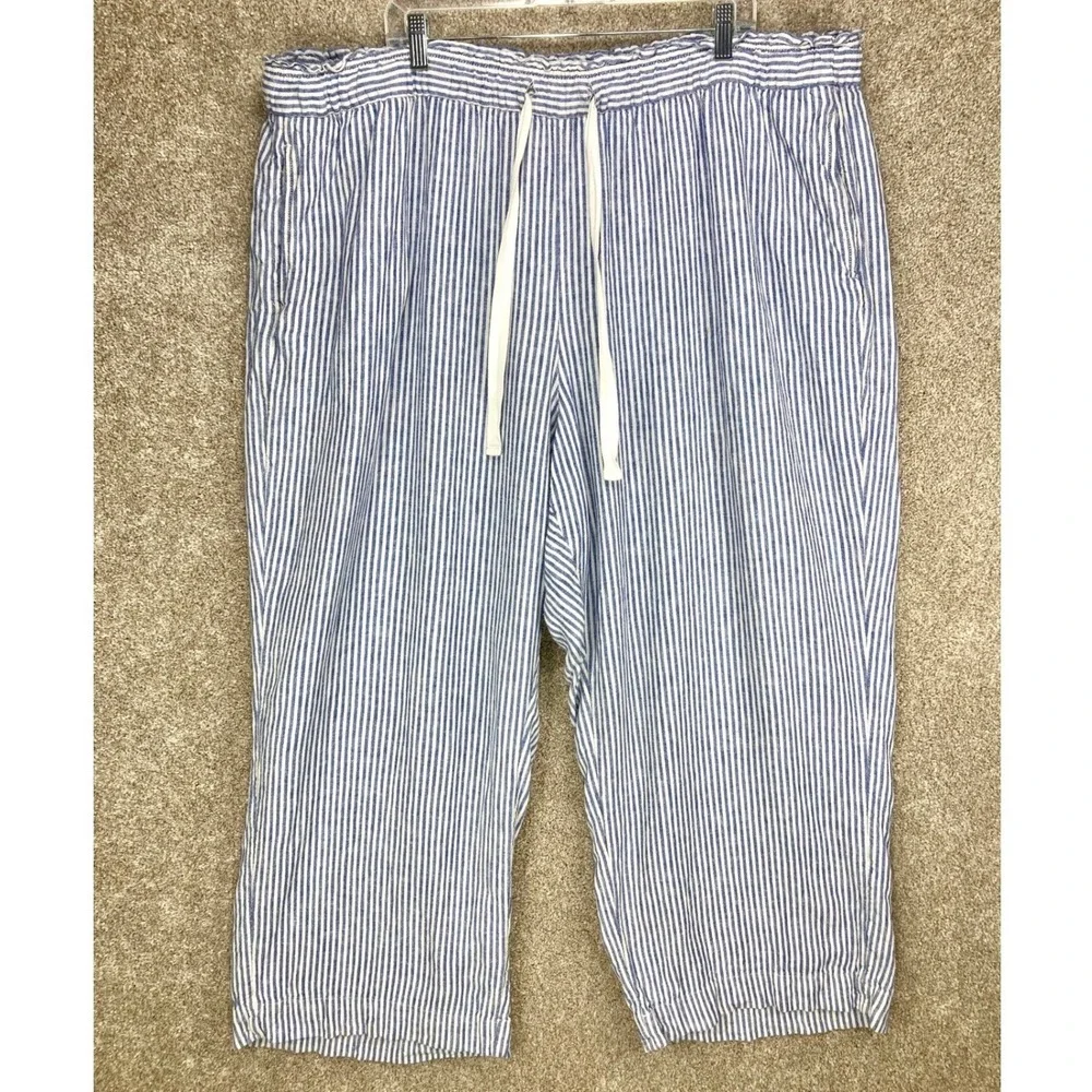 Lane Bryant Striped Linen Wide Leg Pants Womens 28 Blue White Coastal Summe Chic